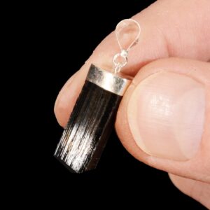 BLACK TOURMALINE Crystal Necklace Pendant 1" Rough .925 Sterling Jewelry Raw Rock Mineral Root Chakra Reiki Stone